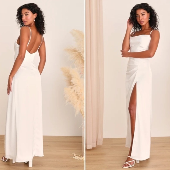 LULU's Bridal Sexy Sophisticated White Satin Cowl Neck Chic Wedding Gown - Picture 3 of 4